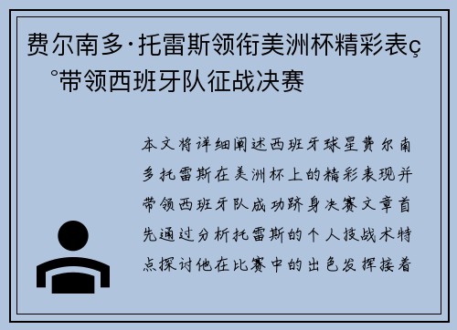费尔南多·托雷斯领衔美洲杯精彩表现带领西班牙队征战决赛
