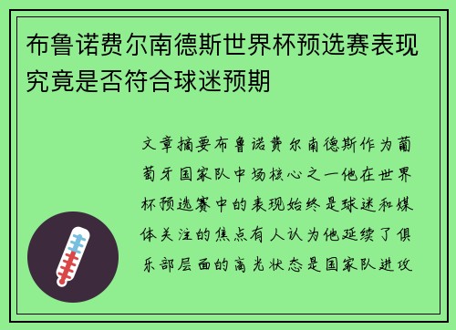 布鲁诺费尔南德斯世界杯预选赛表现究竟是否符合球迷预期
