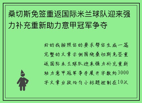 桑切斯免签重返国际米兰球队迎来强力补充重新助力意甲冠军争夺 桑切斯免签重返国际米兰球队迎来强力补充重新助力意甲冠军争夺